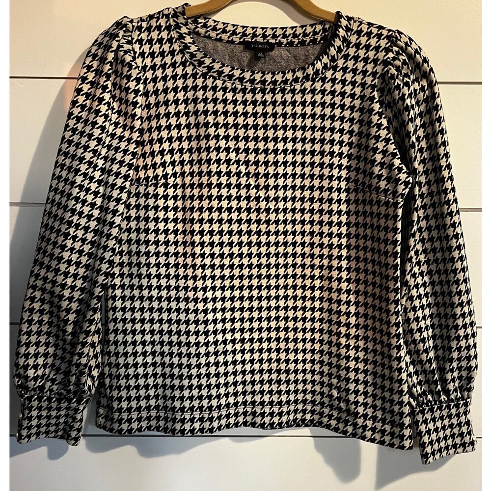 TALBOTS Houndstooth Knit Puff Sleeve Pearl Button Cuff Black White Top XS